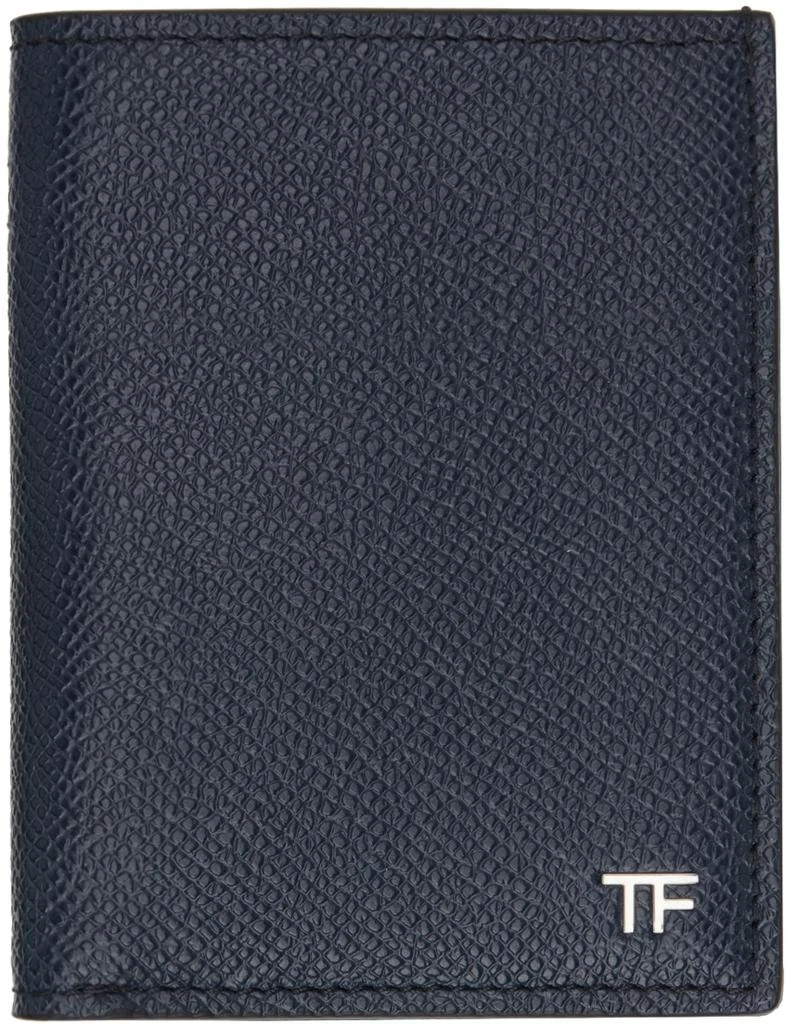 Tom Ford Navy Small Grain Leather Folding Card Holder