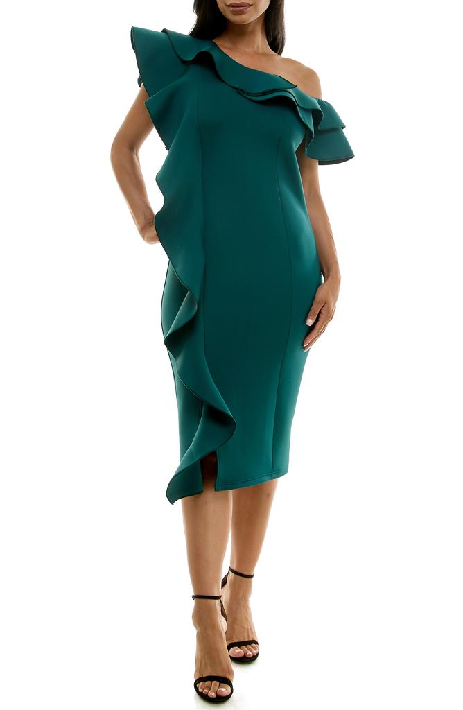 Nina Leonard Ruffle One-Shoulder Scuba Knit Sheath Dress