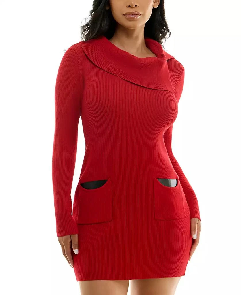 BCX Juniors' Asymmetric-Collar Long-Sleeve Sweater Dress 1