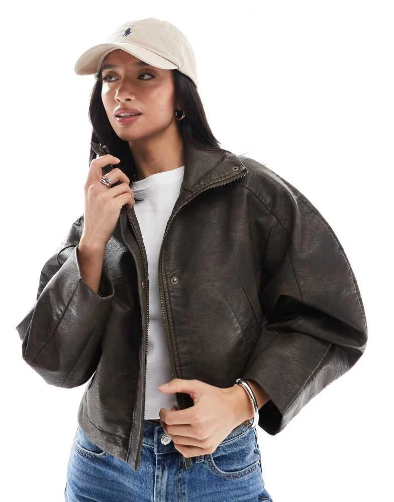 ASOS ASOS DESIGN Petite funnel neck textured leather look bomber jacket in brown 1