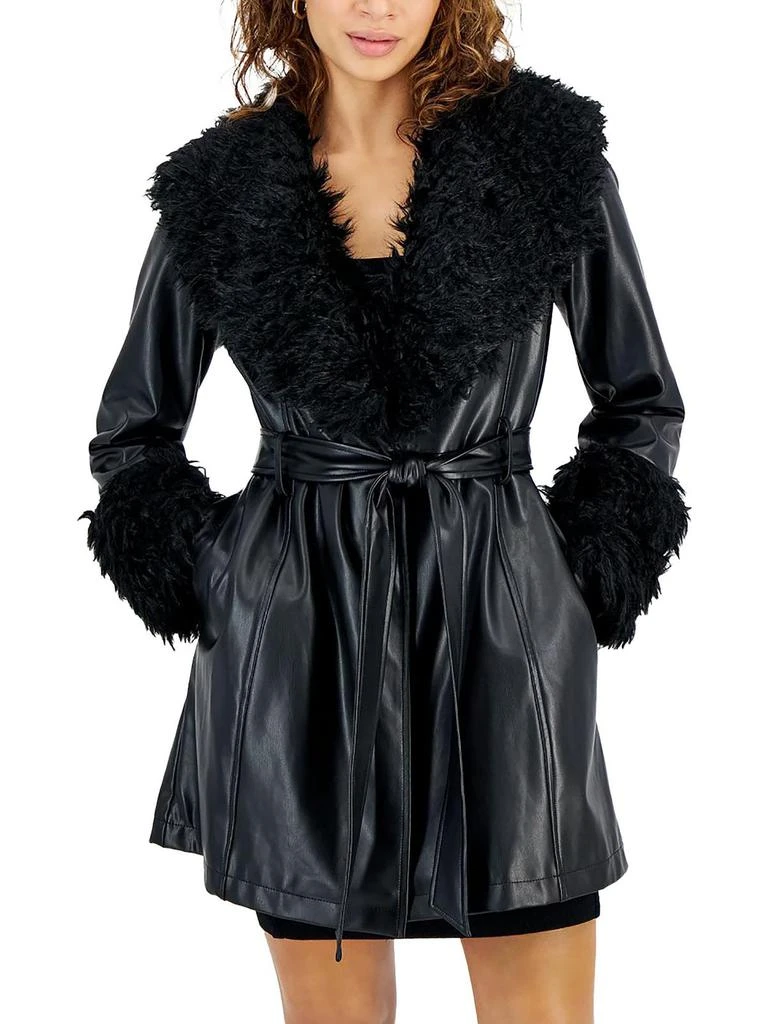 GUESS Aurora Womens Faux Leather Contrast Trim Wrap Coat 1