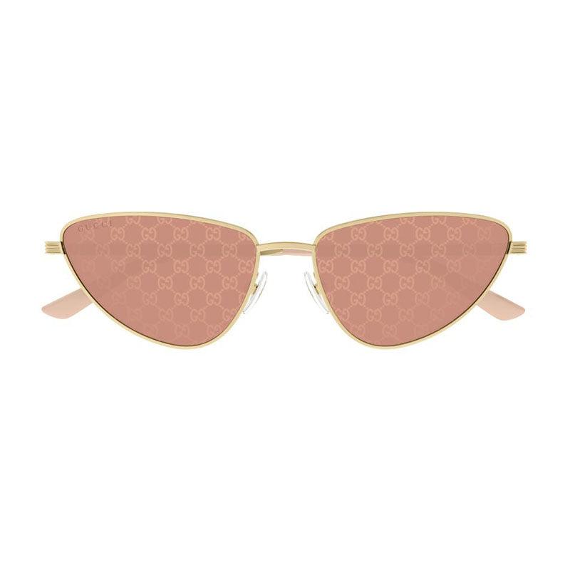 Gucci Gucci Cat Eye Full Rim, with a Gold frame and Red with Gucci Logo Pattern Detail lens.