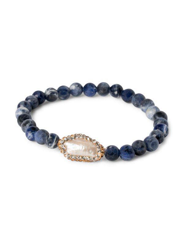 Jean Claude Cubic Zirconia, 12-13MM Freshwater Pearl & Tanzania Sodalite Beaded Stretch Bracelet