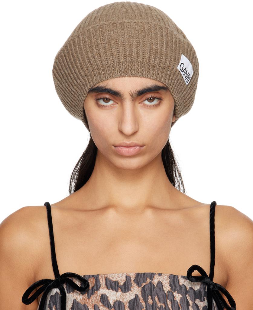 Ganni Taupe Wool Rib Knit Beret - Hats - BeyondStyle