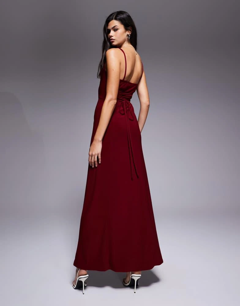 burgundy bridesmaid dress asos Lucille | Burgundy Asymmetric Bardot Midi Dress With Bow Detail main image 0