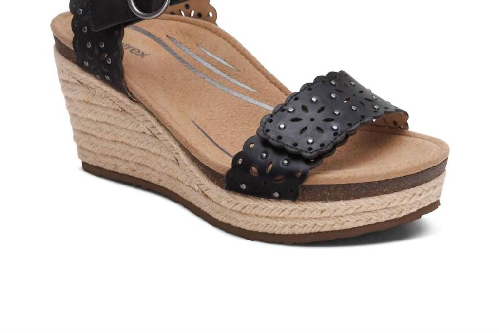 Aetrex Women's Sydney Quarter Strap Espadrille Wedge In Black
