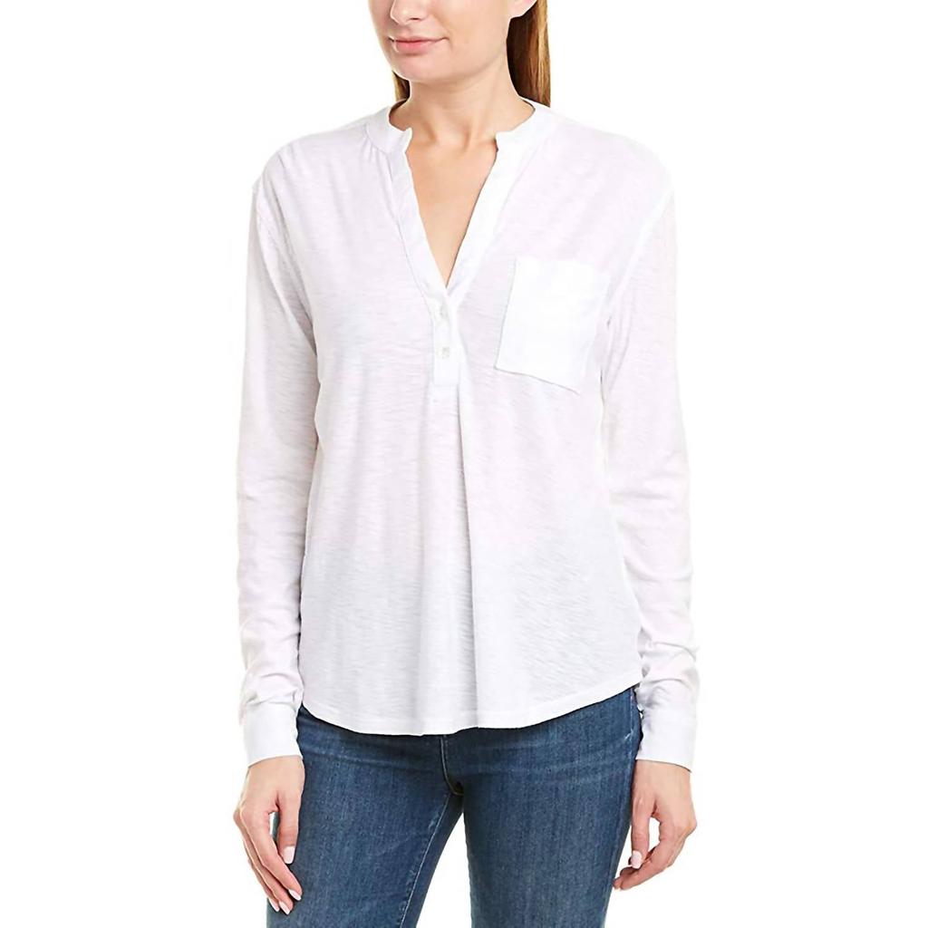 James Perse Women White V-Neck Slub Button Down T-Shirt