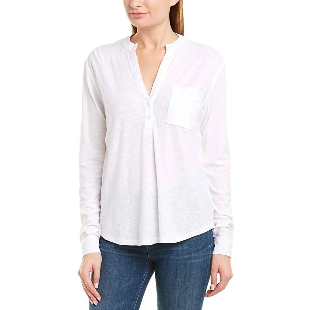 James Perse Women White V-Neck Slub Button Down T-Shirt 1