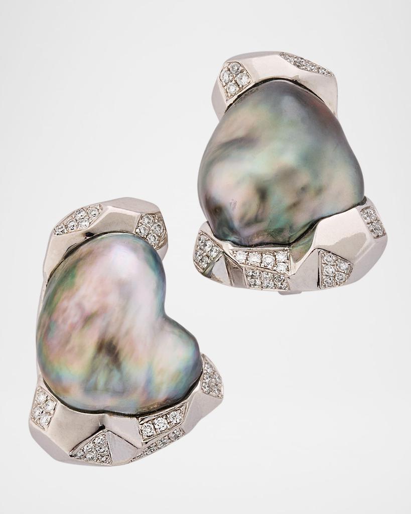 BELPEARL 18K White Gold Grey Tahitian Pearl Earrings with Diamonds