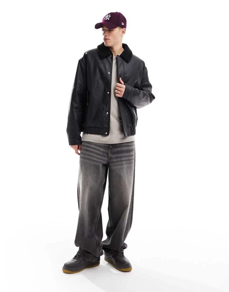 ASOS ASOS DESIGN faux leather wadded harrington jacket with borg collar in black 4