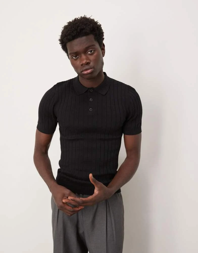 ASOS ASOS DESIGN muscle fit knitted rib polo t-shirt in black 1