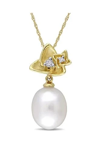 Belk
Co. 10-10.5 Millimeter Cultured Freshwater Pearl and Diamond Flower Pendant With Chain in 10k Yellow Gold