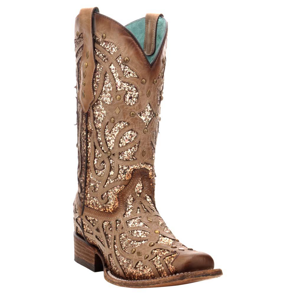 Corral Boots Glitter Tooled Inlay Square Toe Cowboy Boots