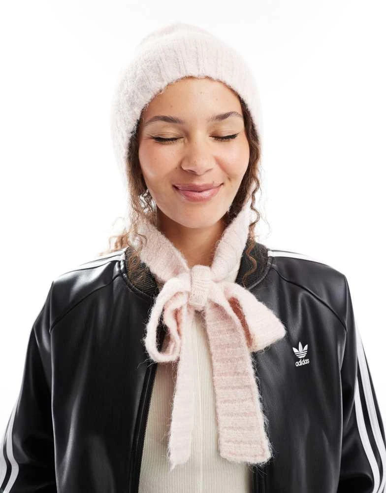 Monki Monki knitted bonnet tie up balaclava in light dusty pink 1