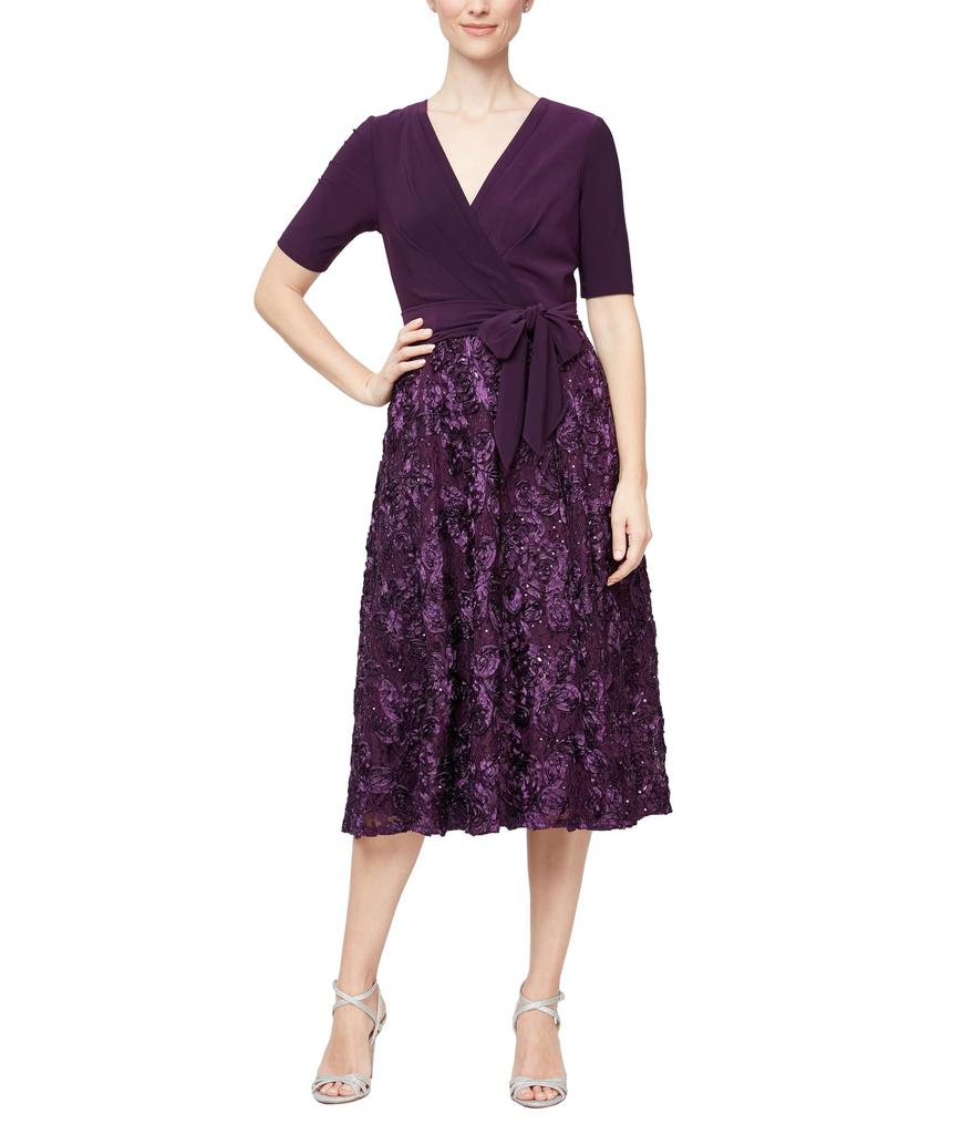 Alex Evenings Tea-Length Dress with Rosette Lace