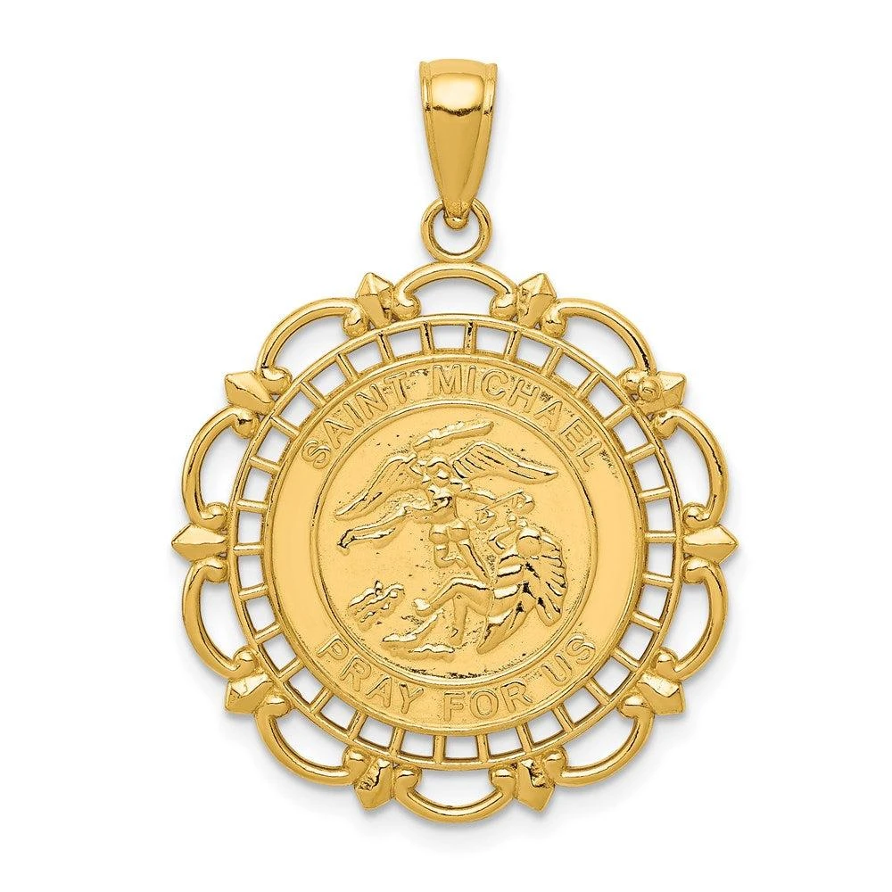 Diamond2Deal 14k Yellow Gold Solid St. Michael Medal Scalloped Edge Round Pendant 1