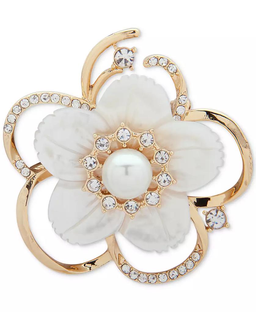 Anne Klein Gold-Tone Imitation Pearl, Mother-of-Pearl & Crystal Flower Pin, Created for Macy's