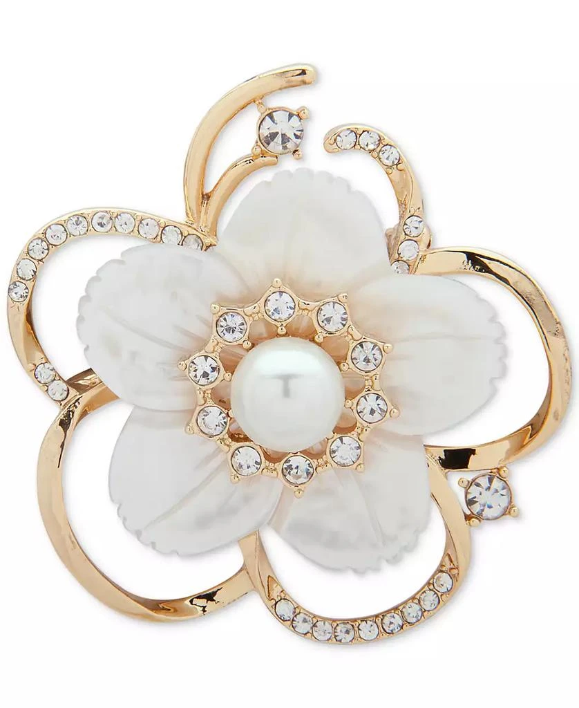 Anne Klein Gold-Tone Imitation Pearl, Mother-of-Pearl & Crystal Flower Pin, Created for Macy's 1