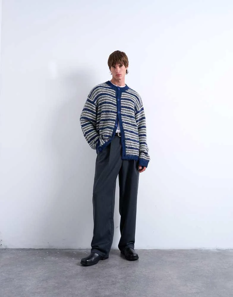 Topman Topman fluffy stripe crew cardigan in blue 2