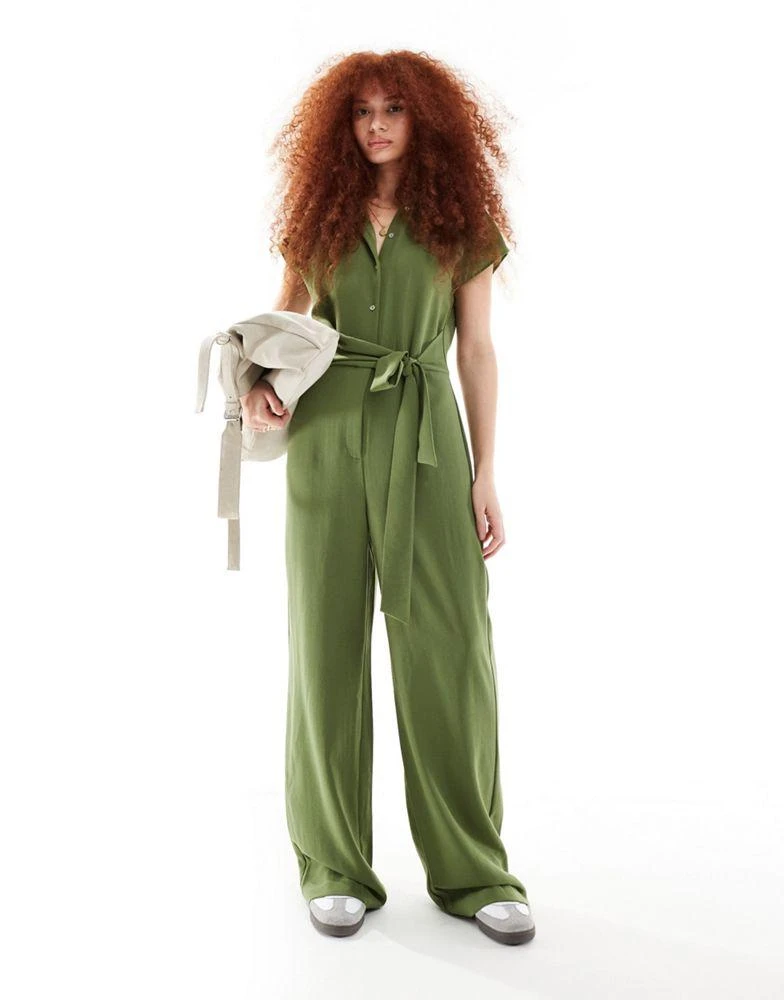 Mango Mango tie waist jersey jumpsuit in khaki 1