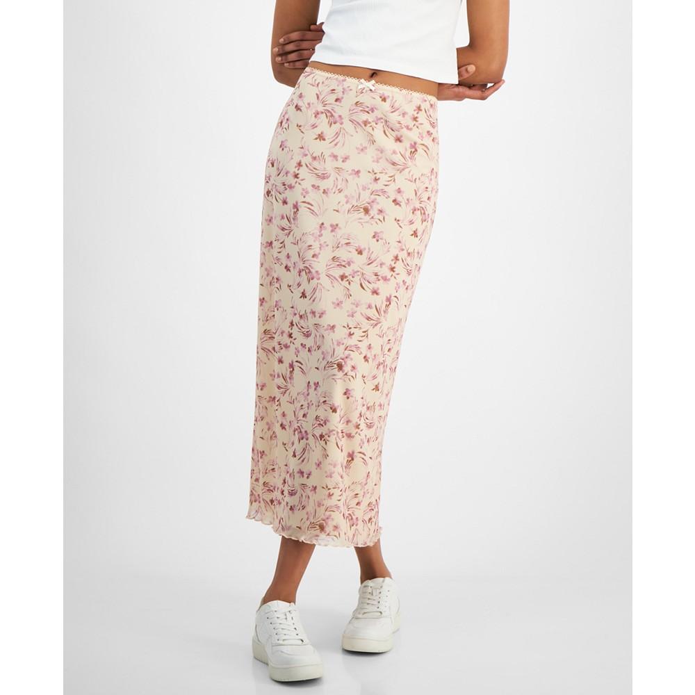 Hippie Rose Juniors' Floral-Print Lace-Trimmed Midi Skirt
