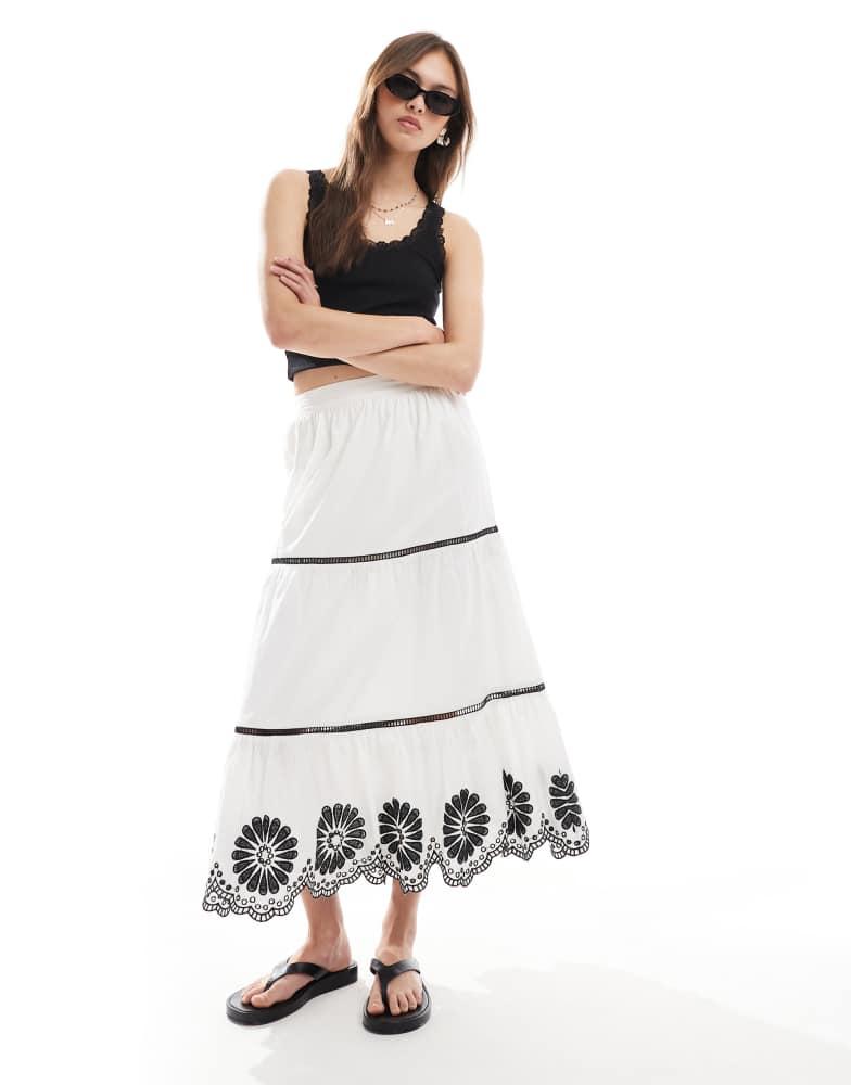 New Look New Look tiered floral hem midi skirt in white