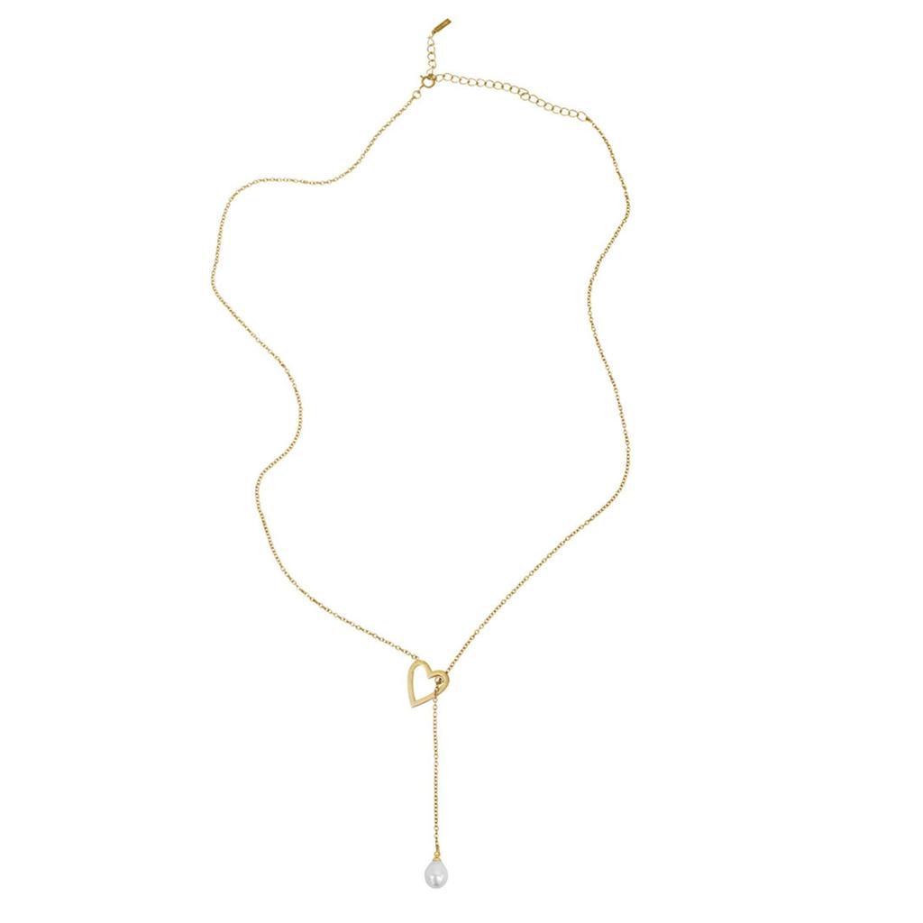 ADORNIA Tarnish Resistant 14k Gold Plated Heart and Freshwater Pearl Lariat Slide Thru Necklace