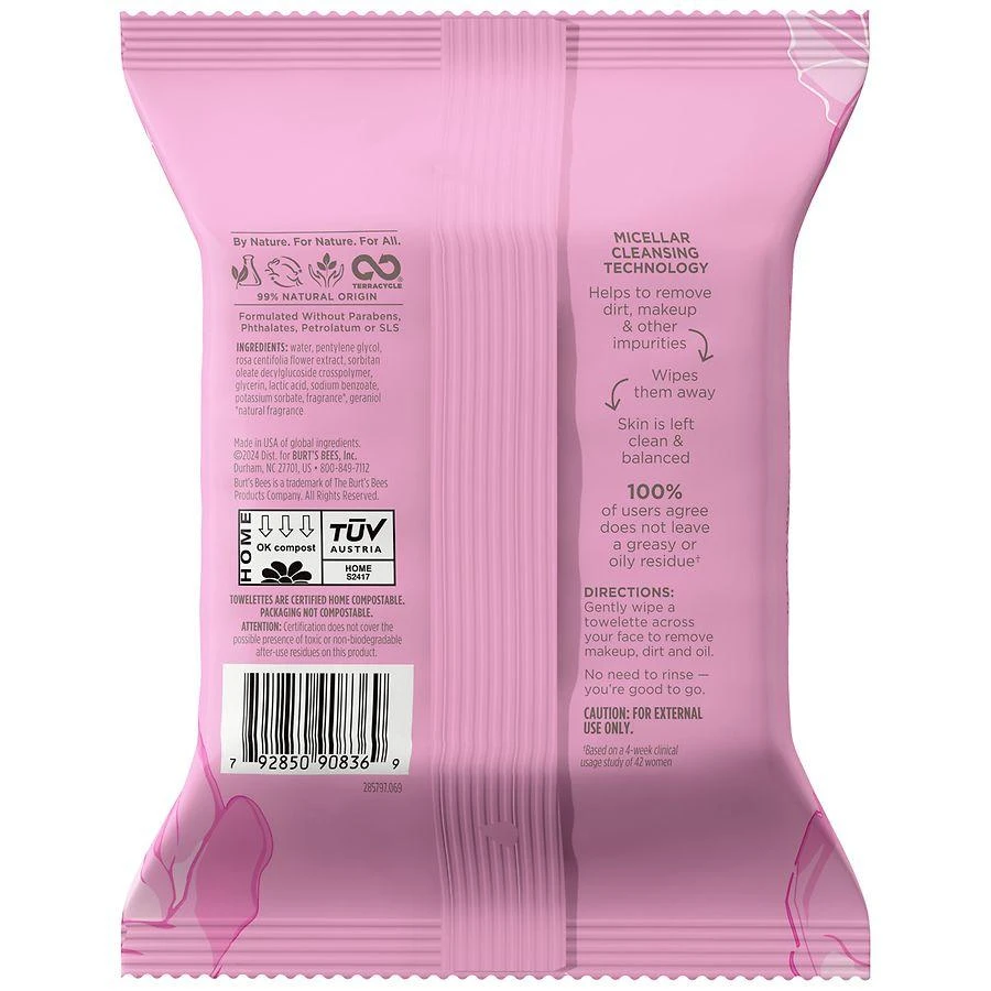 Burt
s Bees Rose Water 3-in-1 Micellar Pre-Moistened Facial Towelettes Rose Water 9