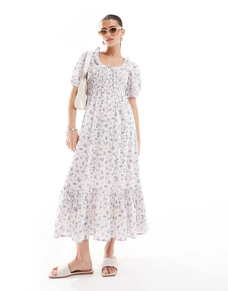 New Look New Look puff sleeve milkmaid midi dress in pink floral 1
