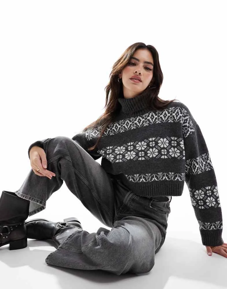 ASOS ASOS DESIGN cropped roll neck jumper with fairisle stripe in grey and white 1