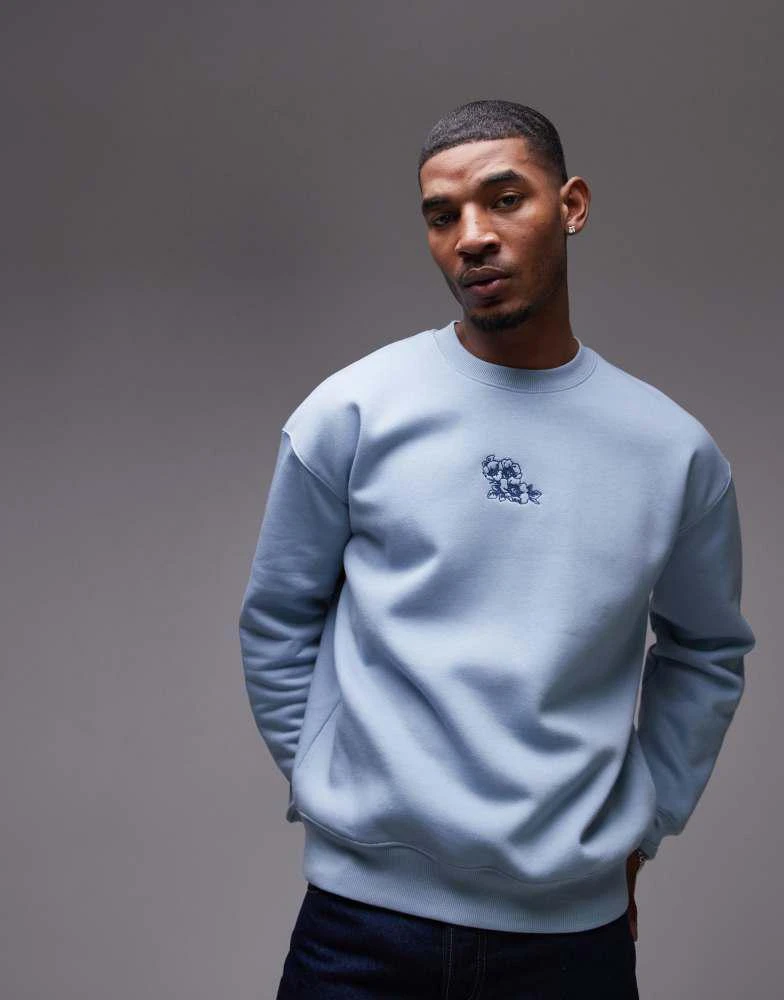 Topman Topman oversized fit sweatshirt with floral embroidery in blue 1