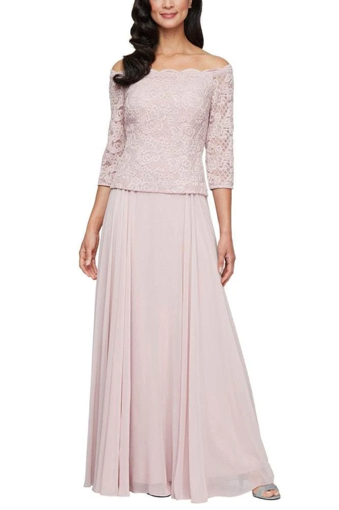 TRUEDAMES Scallop Off-Shoulder Neckline Quarter Sleeves Flowy Bodice A-Line Skirt Gown Dress