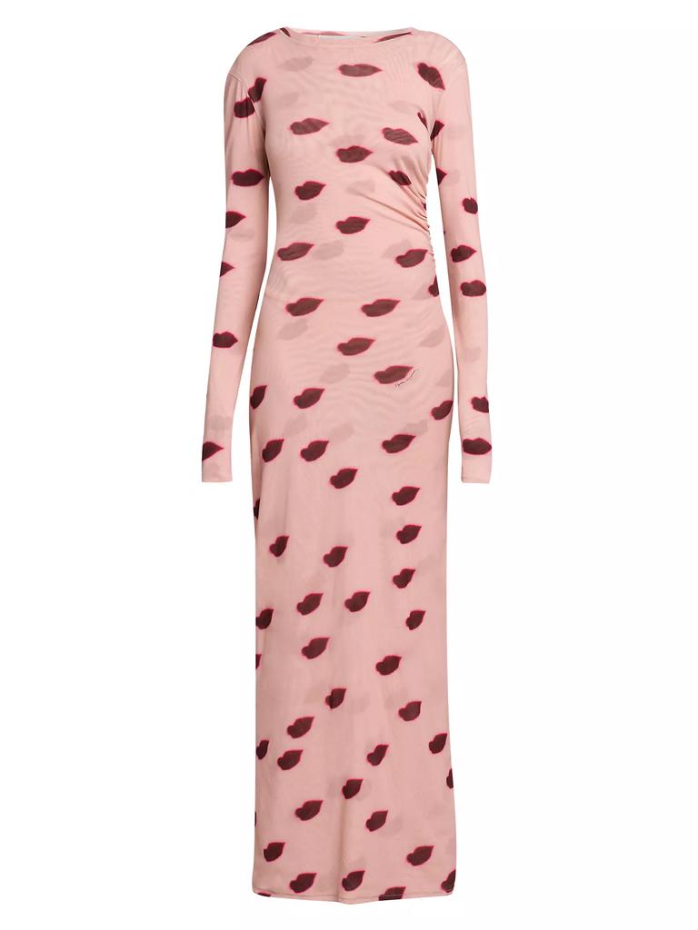 Stella McCartney Lips Mesh Long-Sleeve Maxi Dress