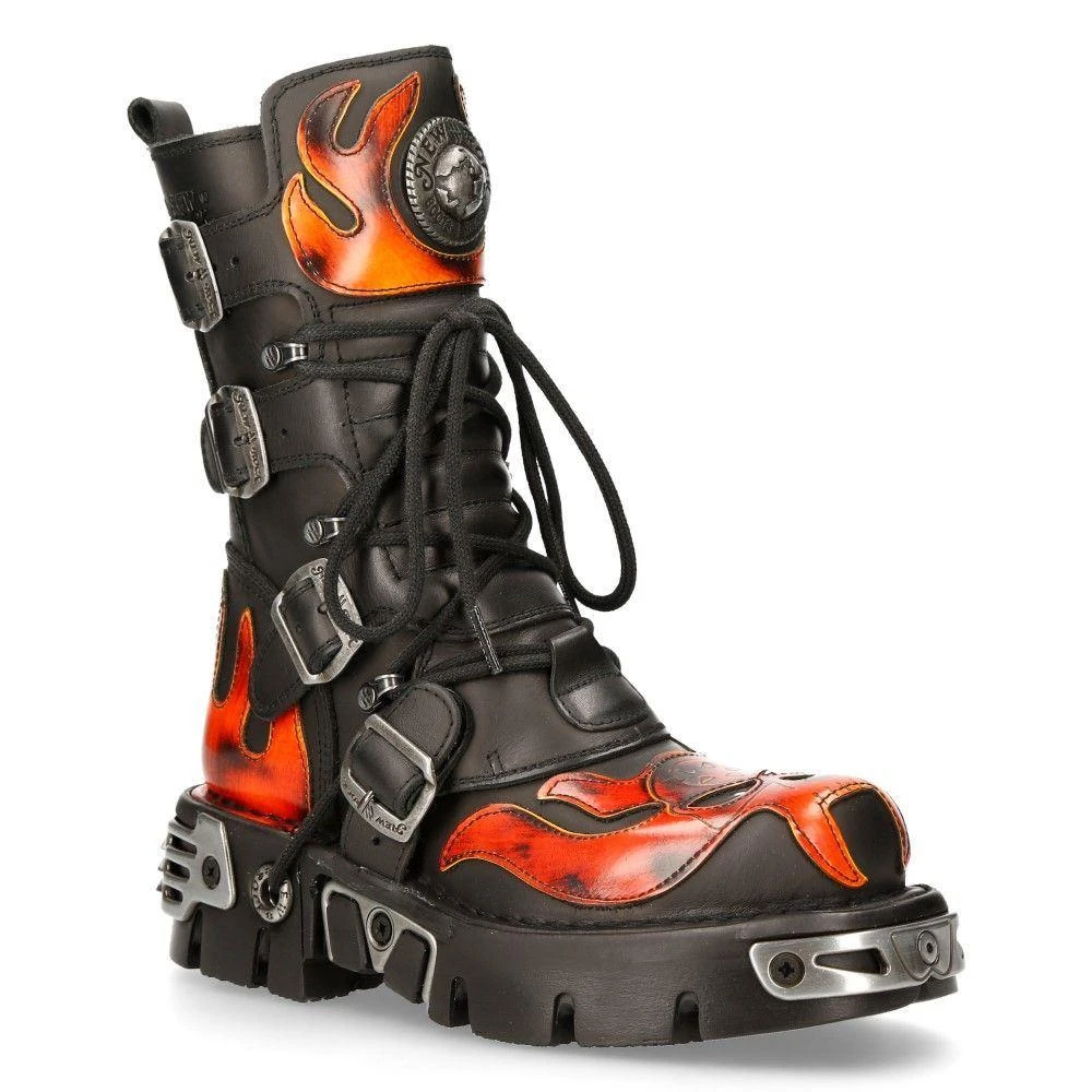 NewRock Flame Accented Black/Red Leather Biker Skull Boots- 107-S1 1