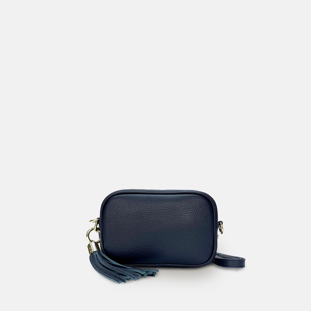 Apatchy London The Mini Tassel Navy Leather Phone Bag With Grey Boho Strap