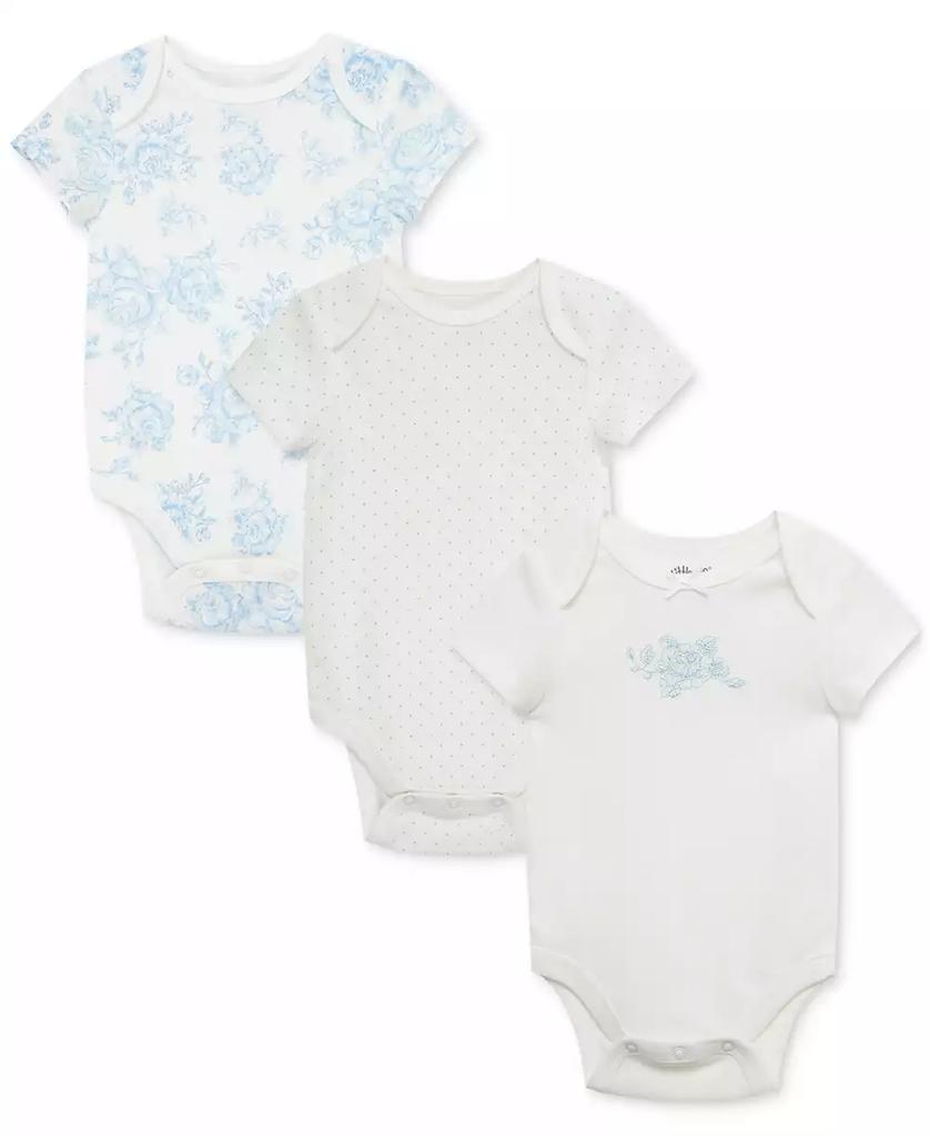 Little Me Baby Girls Blue Roses Short-Sleeve Cotton Bodysuits, Pack of 3