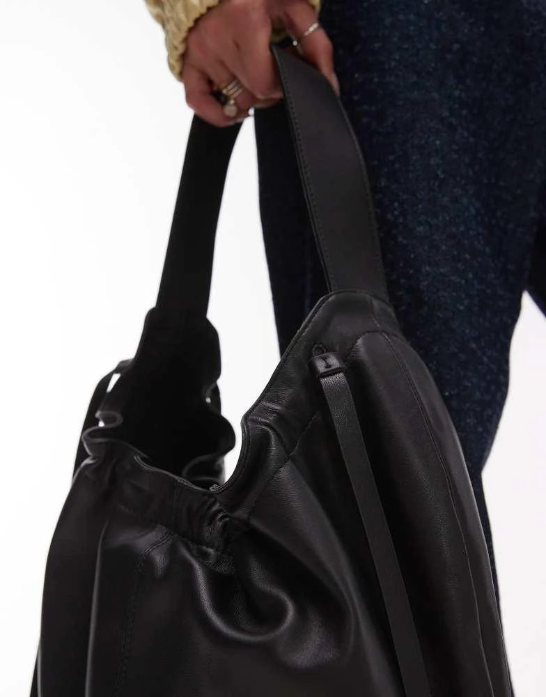 Topshop Topshop Lennox real leather tote with ruche detail in black 3