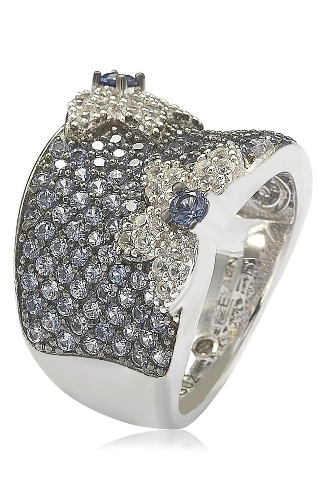 Suzy Levian 18K Gold & Sterling Silver Pavé Blue & Created White Sapphire Diamond Accent Floral Band Ring - 0.02 ctw 4
