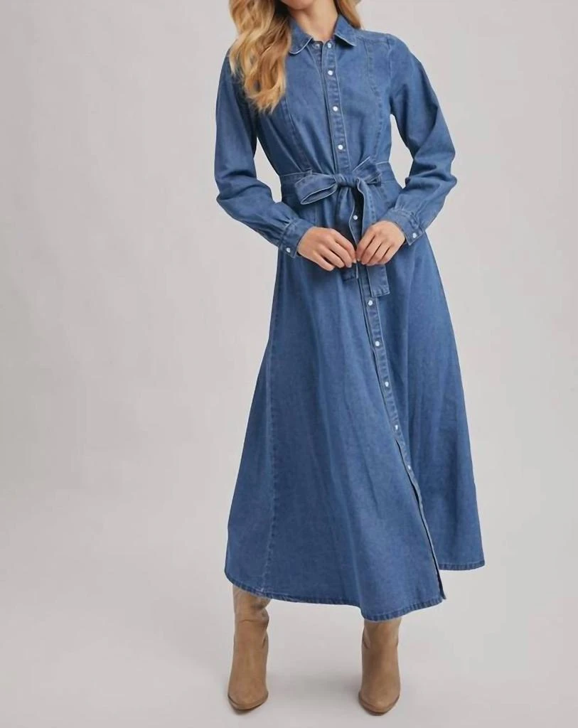 BluIvy Bluivy - Denim Button Down Belted Shirt A-line Maxi Dress 3