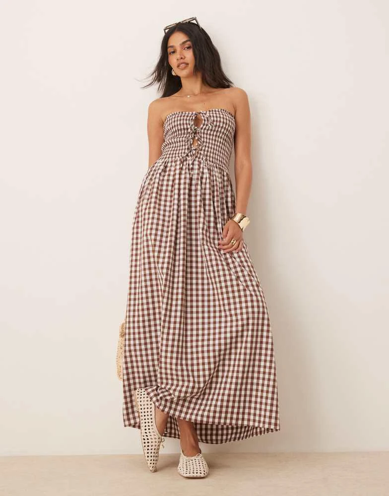 ASOS ASOS DESIGN shirred tie front bandeau maxi dress in chocolate gingham 1