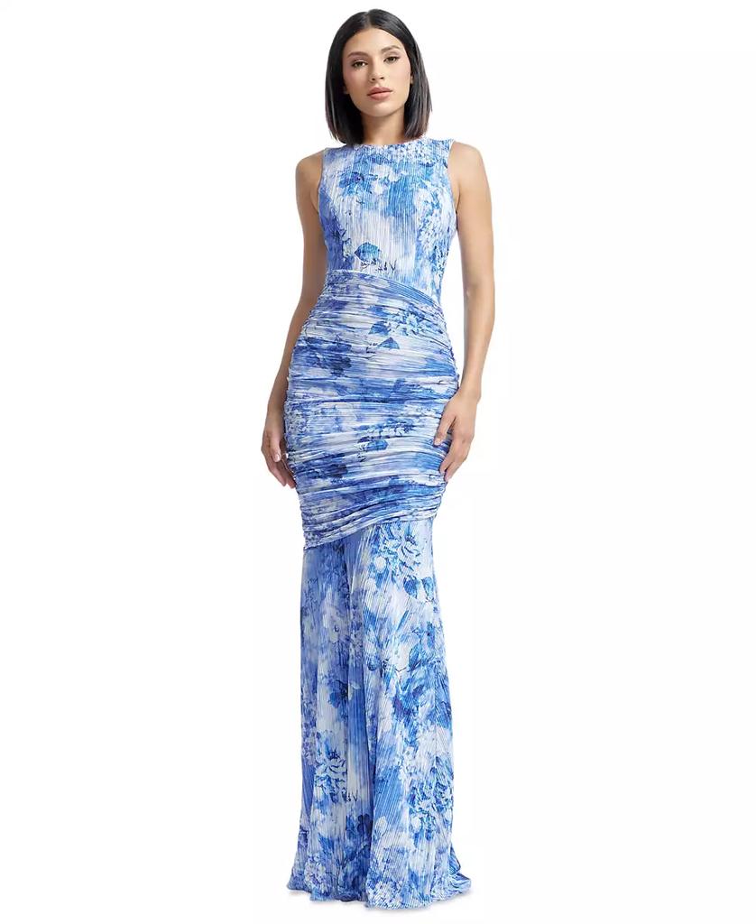 Dress The Population Women's Violetta Floral-Print Pleated Ruched Gown