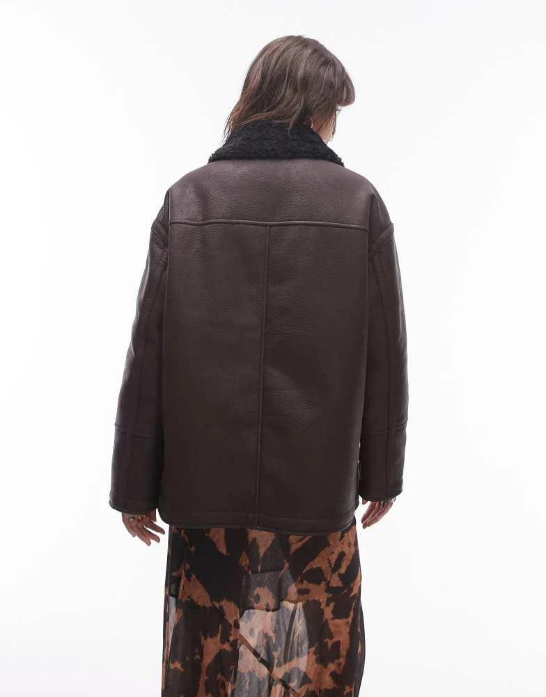 Topshop Topshop faux leather borg shearling midi aviator jacket in brown 3