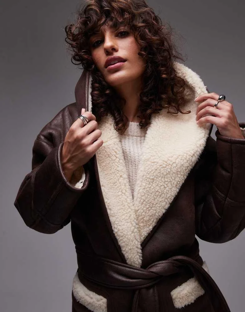 Topshop Topshop belted faux suede jacket in brown and cream 3