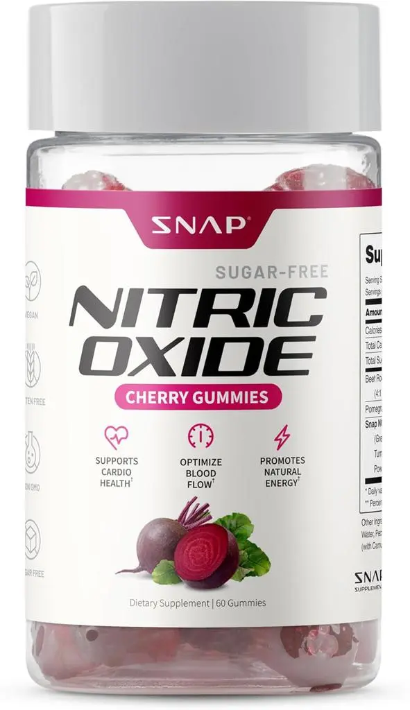 Snap Supplements Snap Supplements Nitric Oxide Gummies - Beet Root Extract 300mg, Sugar Free Beetroot Supplement with Pomegranate Powder for Circulation & Natural Energy, 60 Vegan Gummies, Cherry Flavor
