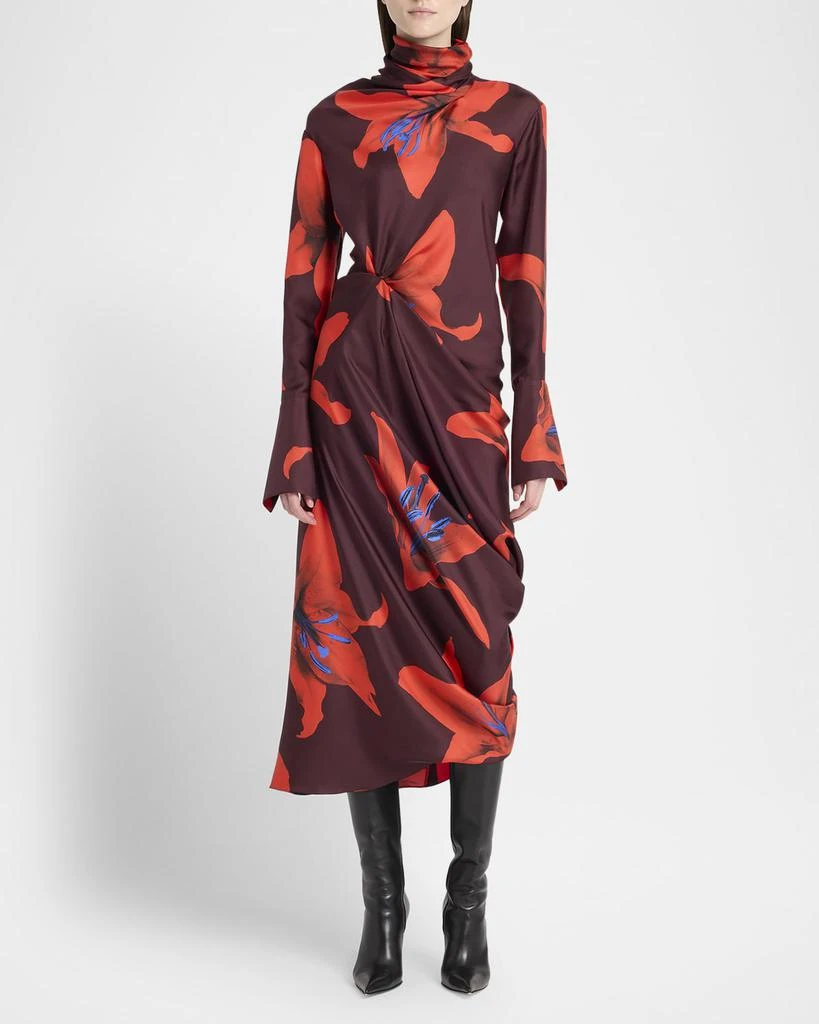 Alexander McQueen Turtleneck Floral Twisted Long-Sleeve Midi Dress 2