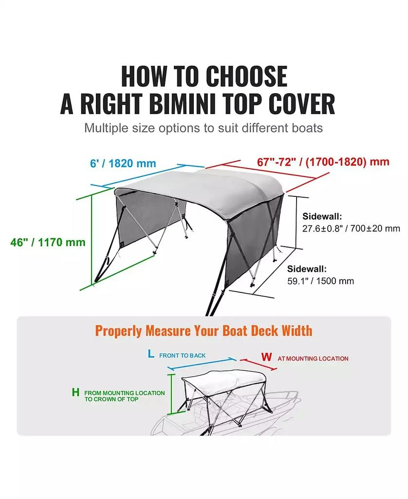 Mecale 3 Bow Bimini Top Boat Cover, 600D Polyester Canopy with Mesh Sidewalls, 1" Aluminum Frame, Storage Boot, Light Grey 9