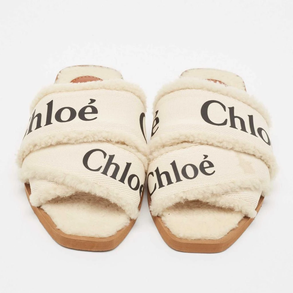 Chloé Chloe White Canvas and Shearling Woody Flat Sandals Size 37 3