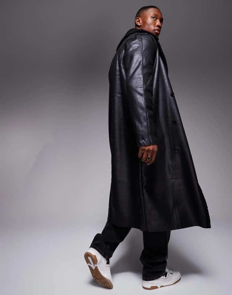 ASOS ASOS DESIGN faux leather trench coat with borg lining in black 3