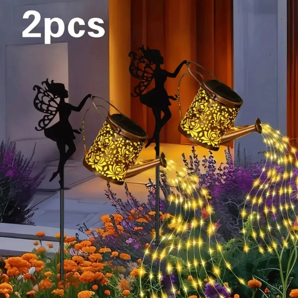 ERUULE 2pcs Outdoor Solar Watering Can with Lights Garden Decor Large Solar Powered Lanterns Hanging Waterproof LED Decorative Retro Metal Kettle String - Warm Lights