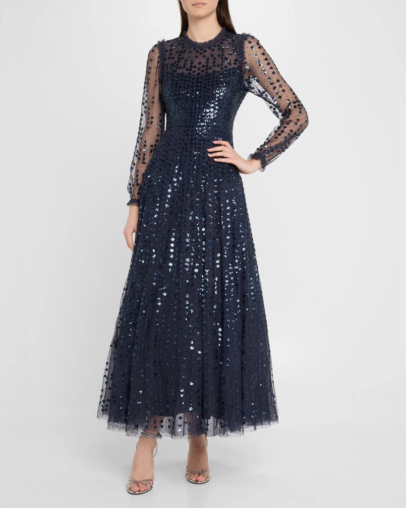 Needle & Thread Raindrop Sheer-Sleeve Sequin Ankle Gown 4